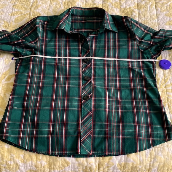 Beautiful tartan 3/4 sleeve button down shirt with gold thread XL EUC HOLIDAY - Picture 11 of 16